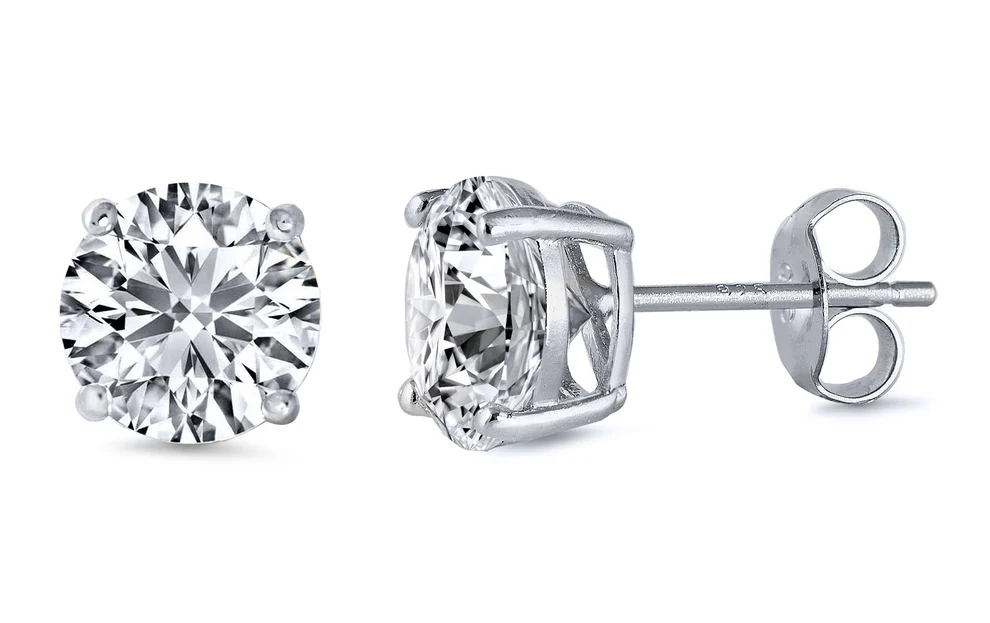 Sterling Silver Rhodium Plated Round Cut Stud Earring Set on Basket Prong Setting with Friction Back Post 10mm
