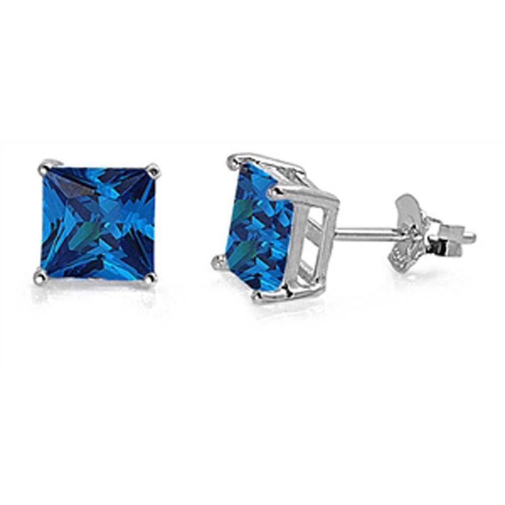 Sterling Silver Rhodium Plated 5mm Princess Cut Cz Stud Earring Set on Basket Prong Setting with Friction Back Post