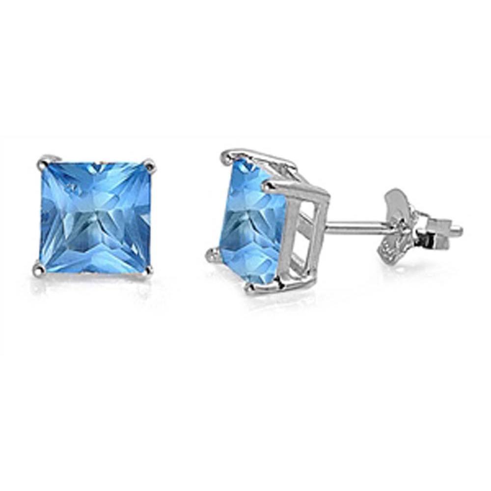 Sterling Silver Rhodium Plated 7mm Princess Cut Cz Stud Earring Set on Basket Prong Setting with Friction Back Post