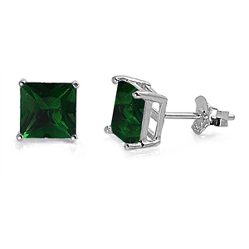 Sterling Silver Rhodium Plated 8mm Princess Cut Cz Stud Earring Set on Basket Prong Setting with Friction Back Post-8mm