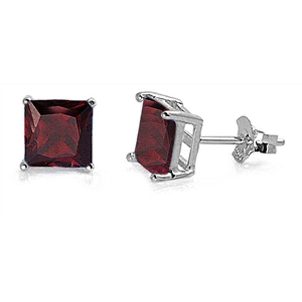 Sterling Silver Rhodium Plated 5mm Princess Cut Cz Stud Earring Set on Basket Prong Setting with Friction Back Post