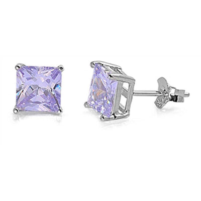 Sterling Silver Rhodium Plated 6mm Princess Cut Cz Stud Earring Set on Basket Prong Setting with Friction Back Post