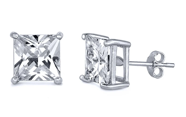 Sterling Silver Rhodium Plated 5mm Princess Cut Cz Stud Earring Set on Basket Prong Setting with Friction Back Post