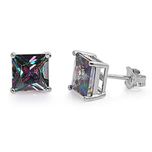 Load image into Gallery viewer, Sterling Silver Rhodium Plated 9mm Princess Cut Cz Stud Earring Set on Basket Prong Setting with Friction Back Post
