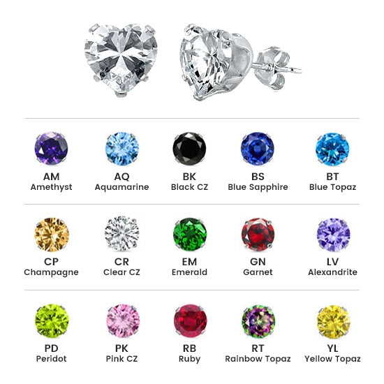 Sterling Silver Colored CZ 8mm Stamping Heart Earrings